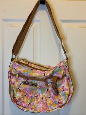 Lily Bloom Pink Multi Floral Butterfly Shoulder Bag with Tan Strap